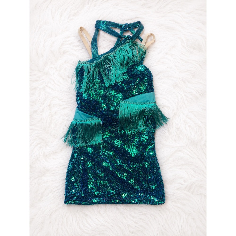 10th House by Revolution Dancewear Teal Sequin Fringe Dance Costume XSC